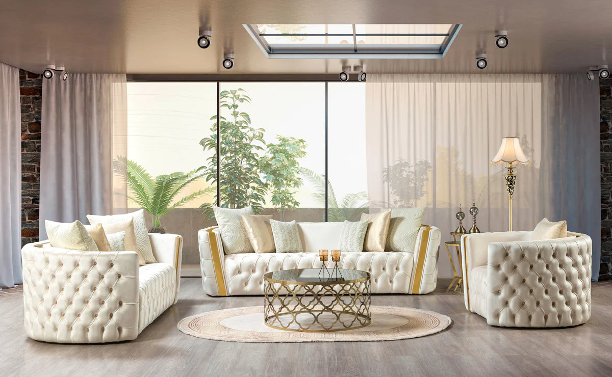 Fanci Ivory Velvet Sofa & Loveseat &Armchair