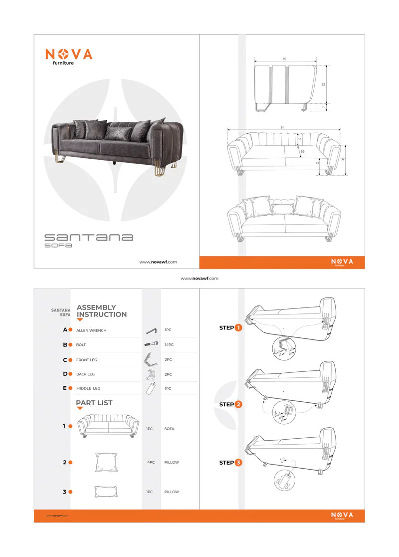 Sofá y loveseat de terciopelo plateado Santana