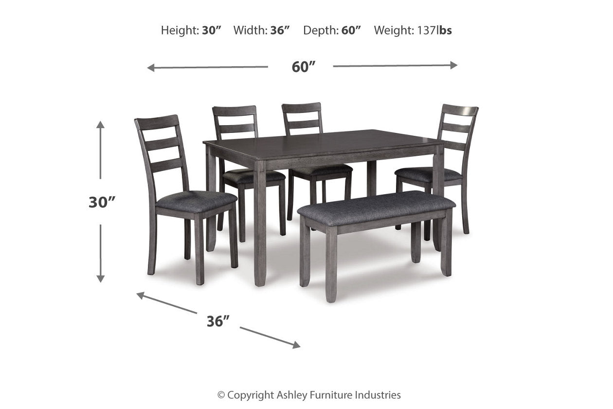 Bridson Gray Dining Table and Chairs with Bench, Set of 6