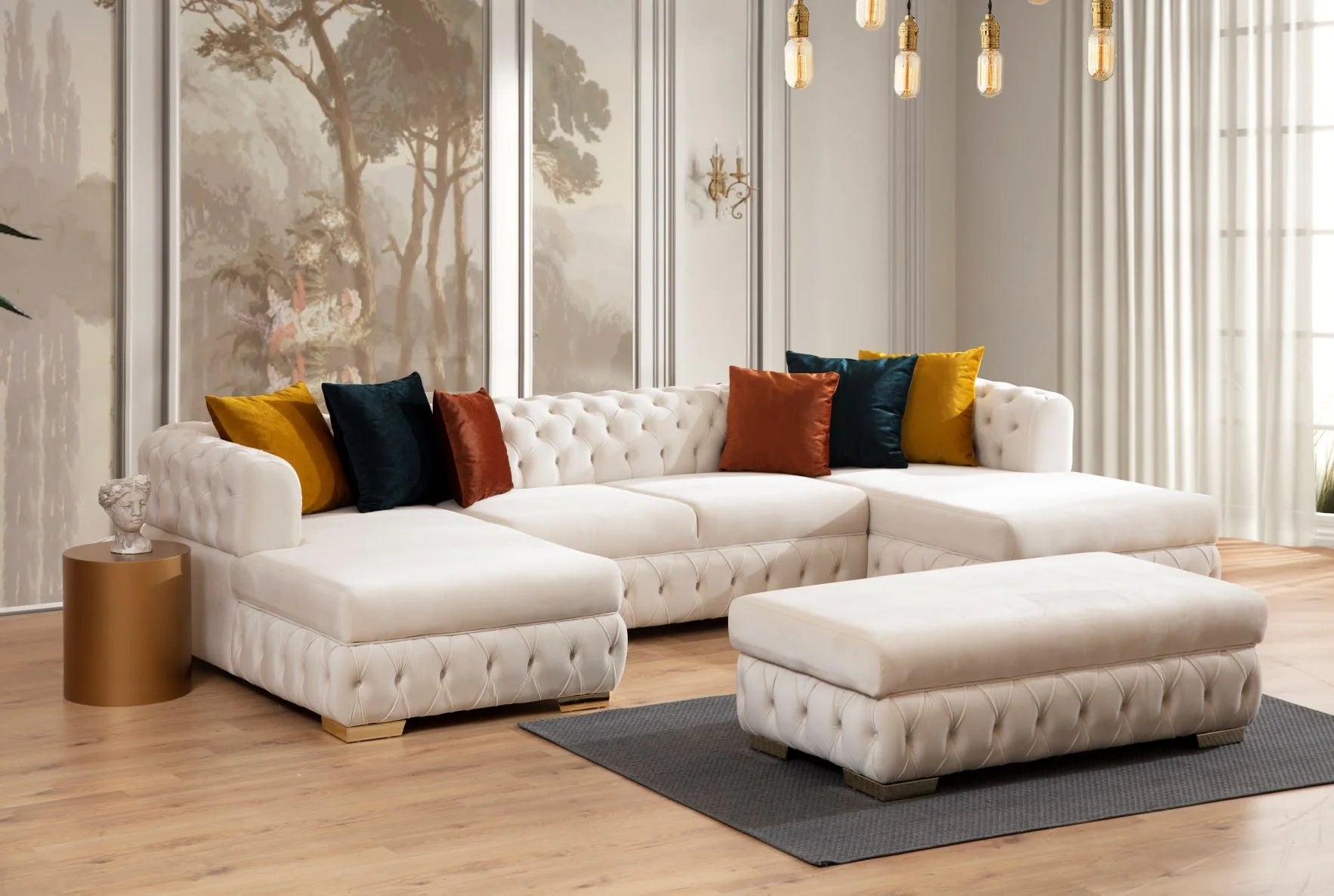 Matilda Tufted Ivory Velvet Double Chaise Sectional Sofa