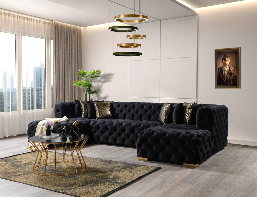 Chaise longue seccional doble de terciopelo negro Neva