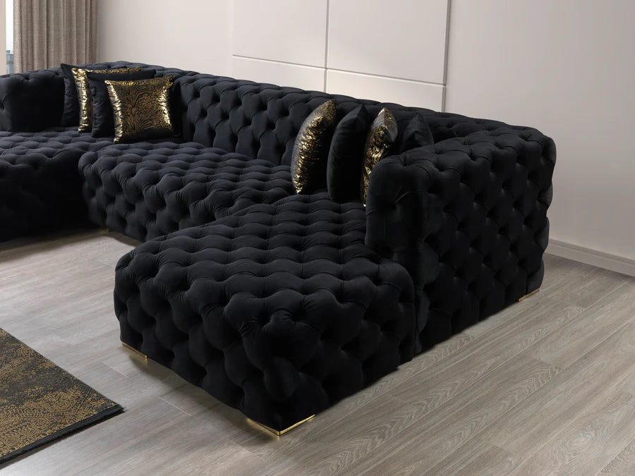 Chaise longue seccional doble de terciopelo negro Neva