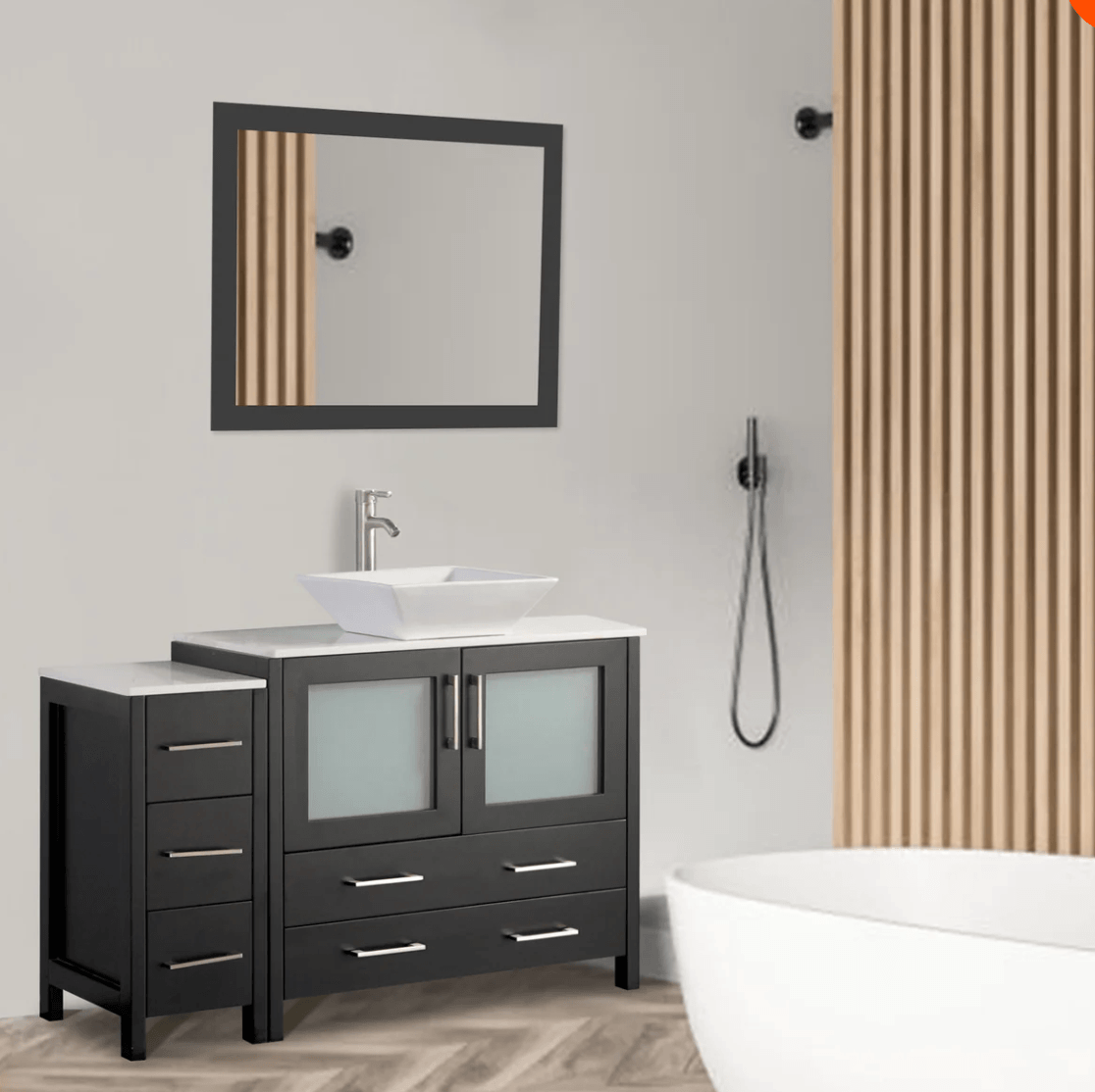 48 in. Single Sink Bathroom Vanity Combo Set 5 Drawers 1 Shelf 2 Cabinet White Quartz Top and Ceramic Vessel Sink Bathroom Cabinet with Free Mirror - Decohub Home