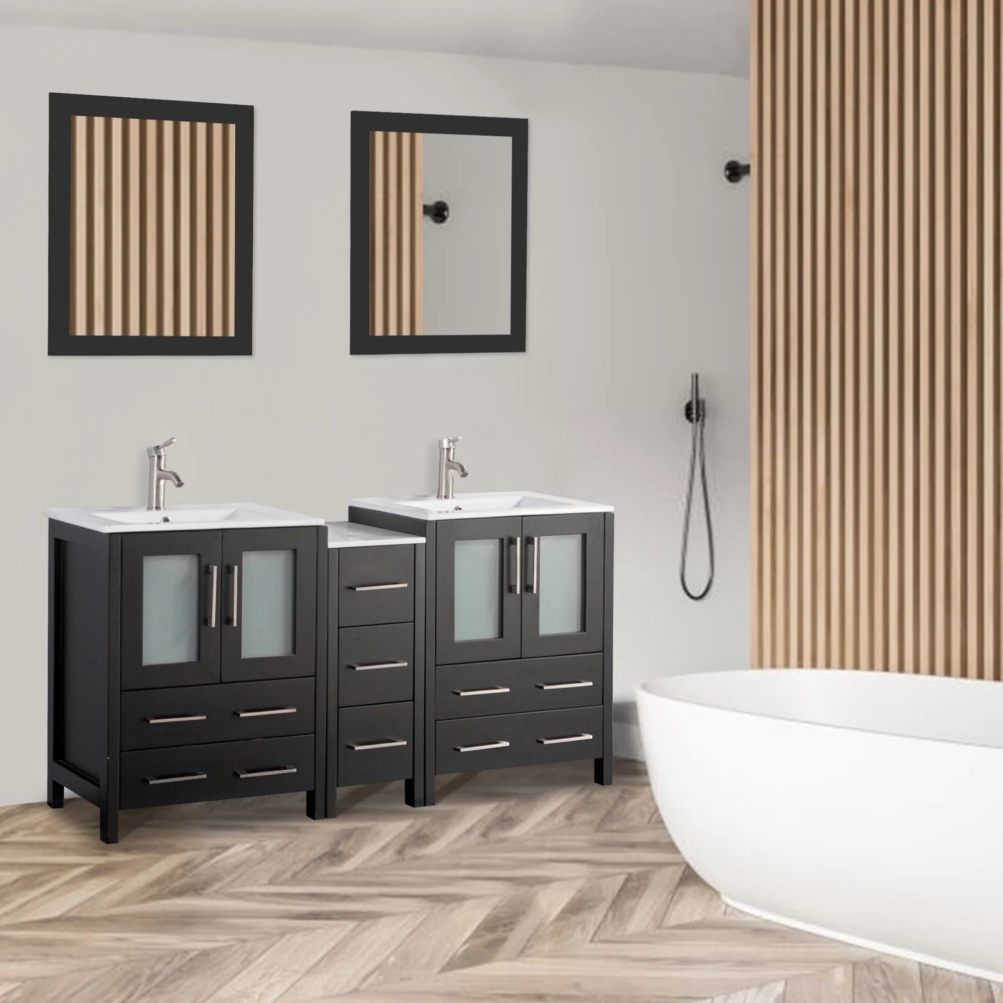 60 in. Double Sink Modern Bathroom Vanity Combo Set in Espresso - Decohub Home