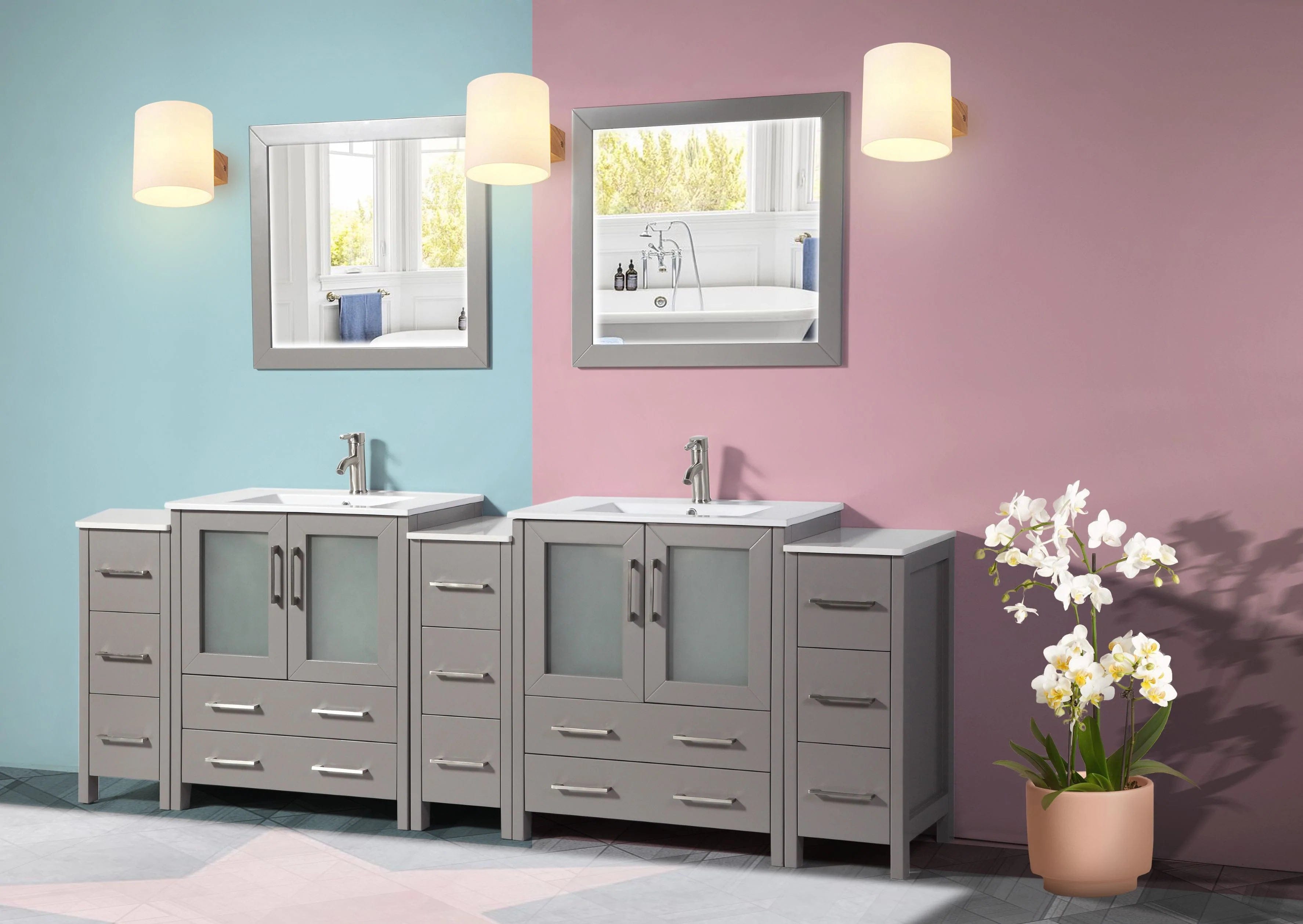 96 in. Double Sink Modern Bathroom Vanity Set in Gray - Decohub Home