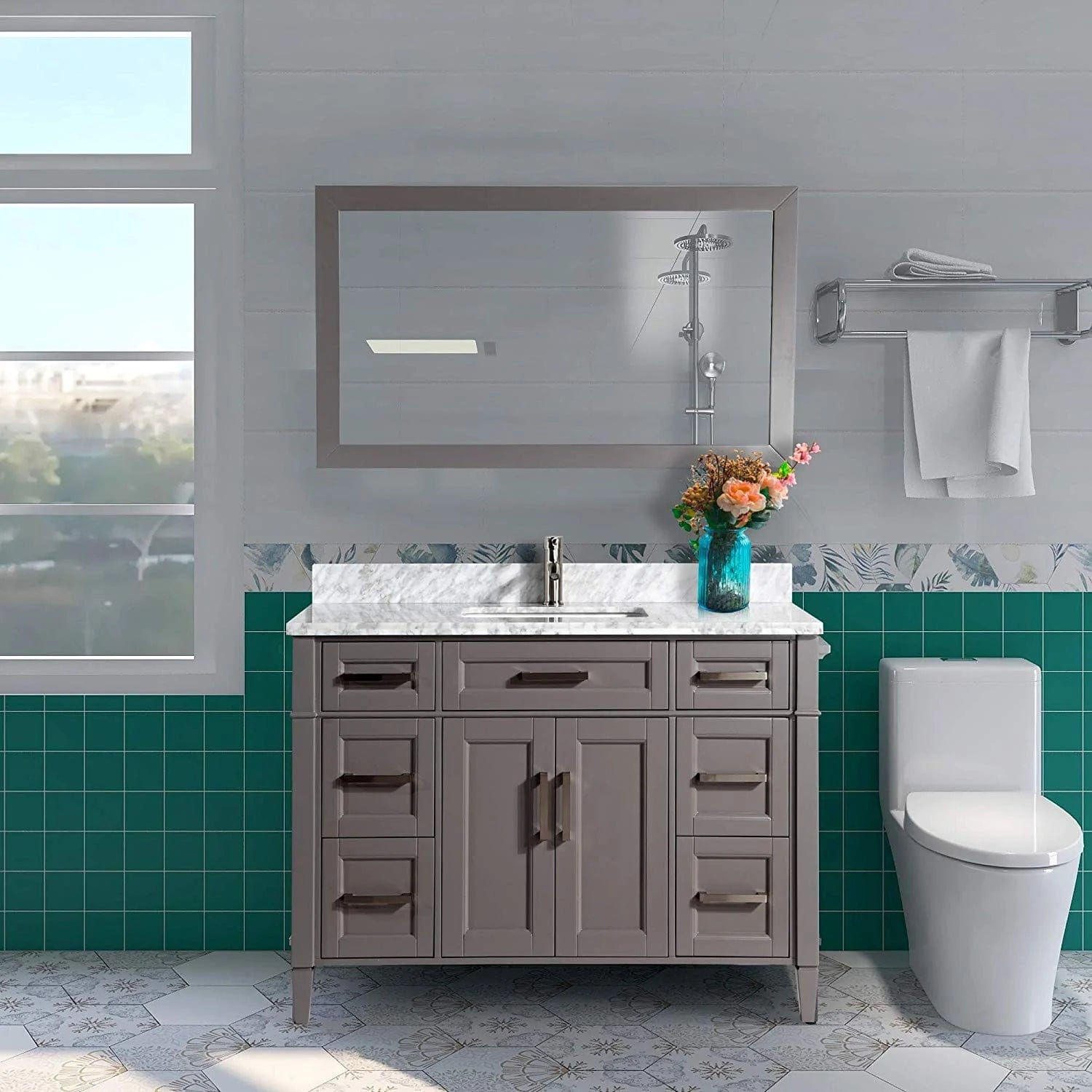 48 in. Single Sink Bathroom Vanity Set in Gray,Carrara Marble Stone Top - Decohub Home