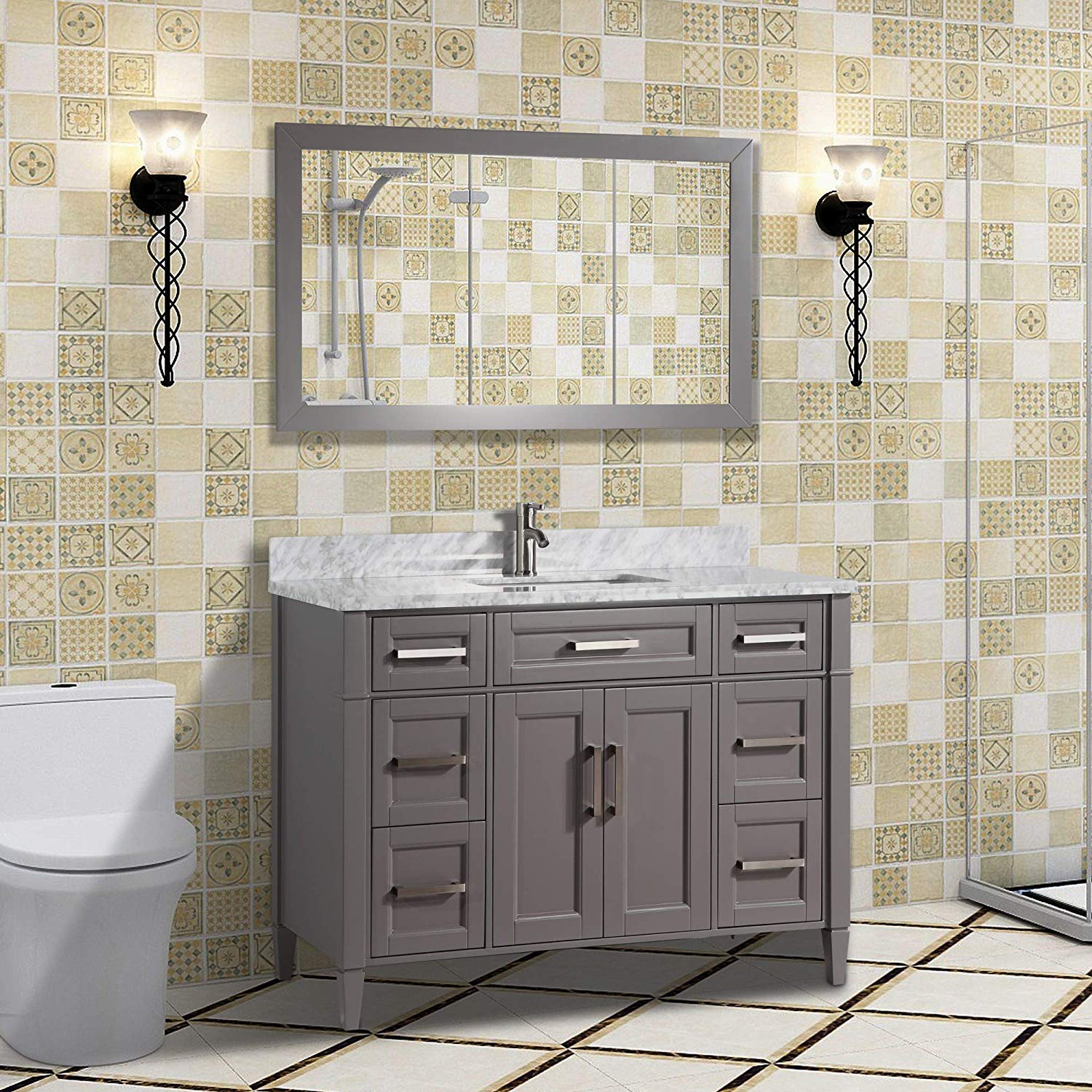 48 in. Single Sink Bathroom Vanity Set in Gray,Carrara Marble Stone Top - Decohub Home