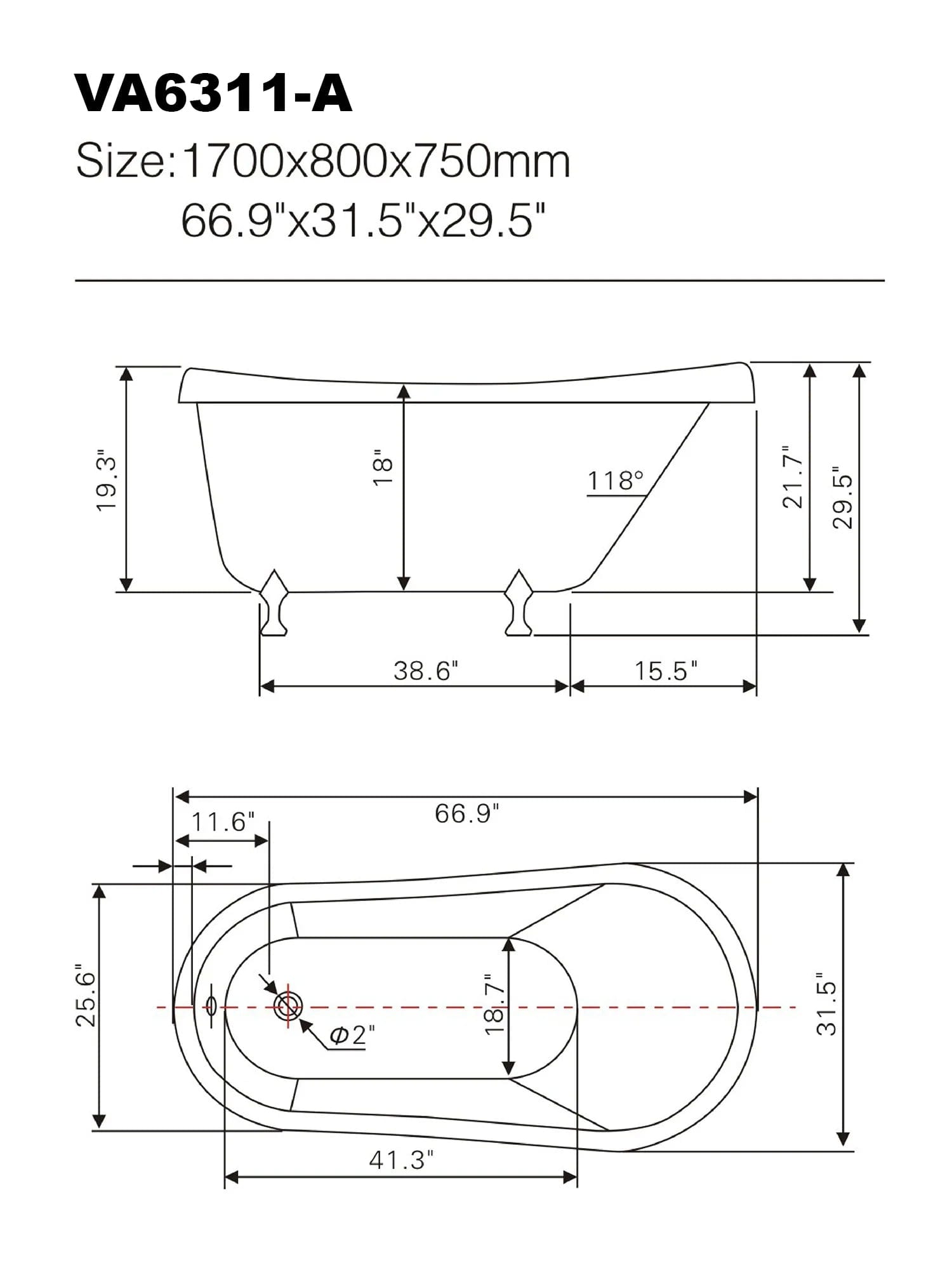 66.9x31.5 in. Freestanding Red Acrylic Bathtub