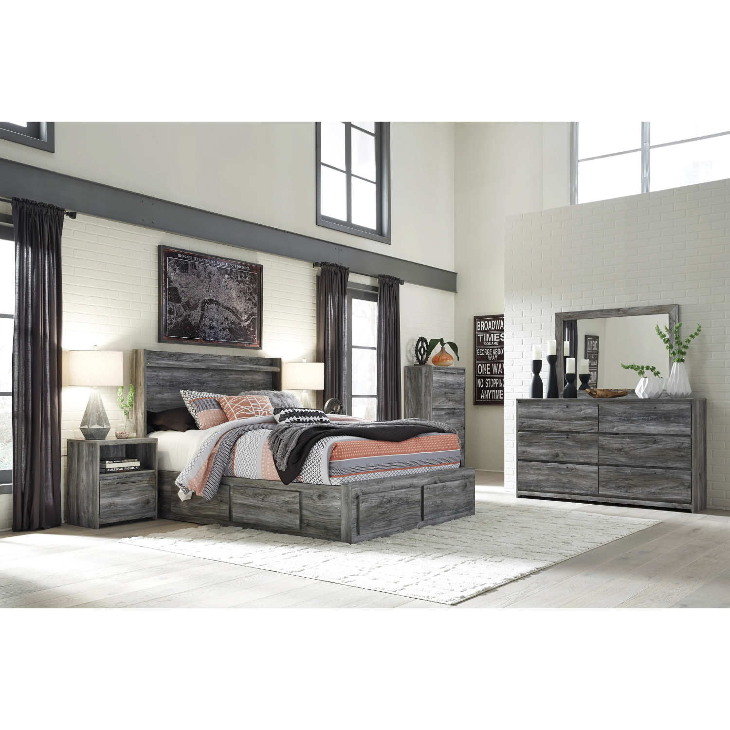 Baystorm Gray LED Side/Footboard Storage Platform Bedroom Set