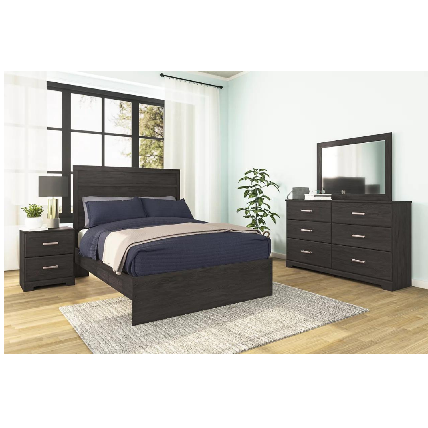 Belachime Full Panel Bed with Mirrored Dresser and Nightstand