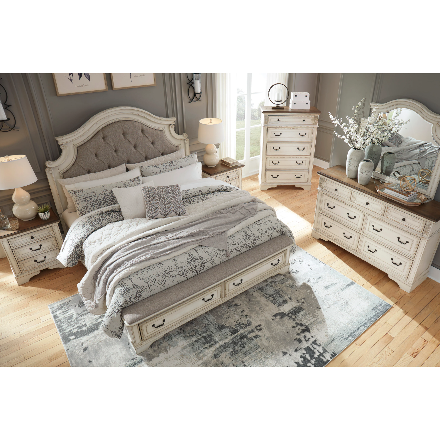 Realyn Chipped White Footboard Storage Platform Bedroom Set