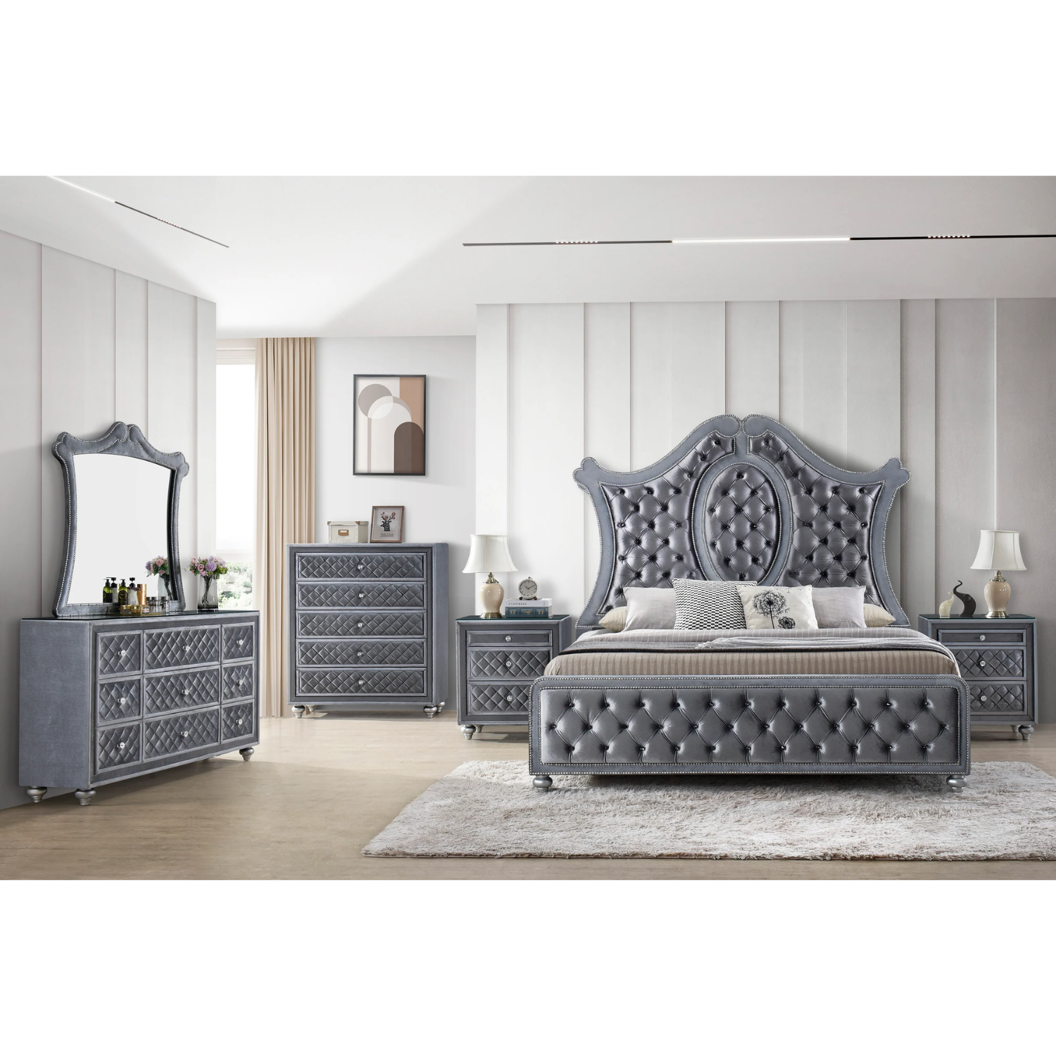 Cameo Gray Upholstered Panel Bedroom Set