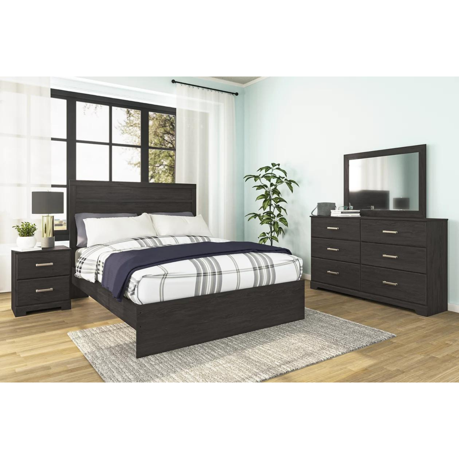 Belachime Full Panel Bed with Mirrored Dresser and Nightstand