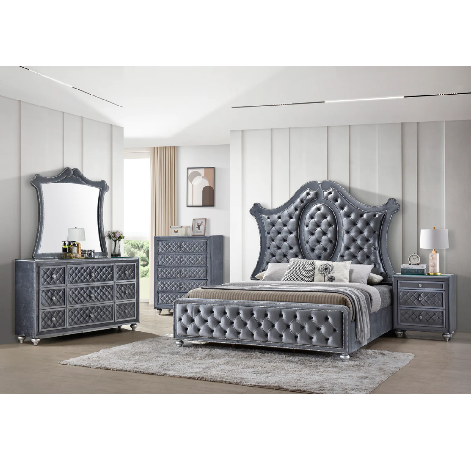 Cameo Gray Upholstered Panel Bedroom Set