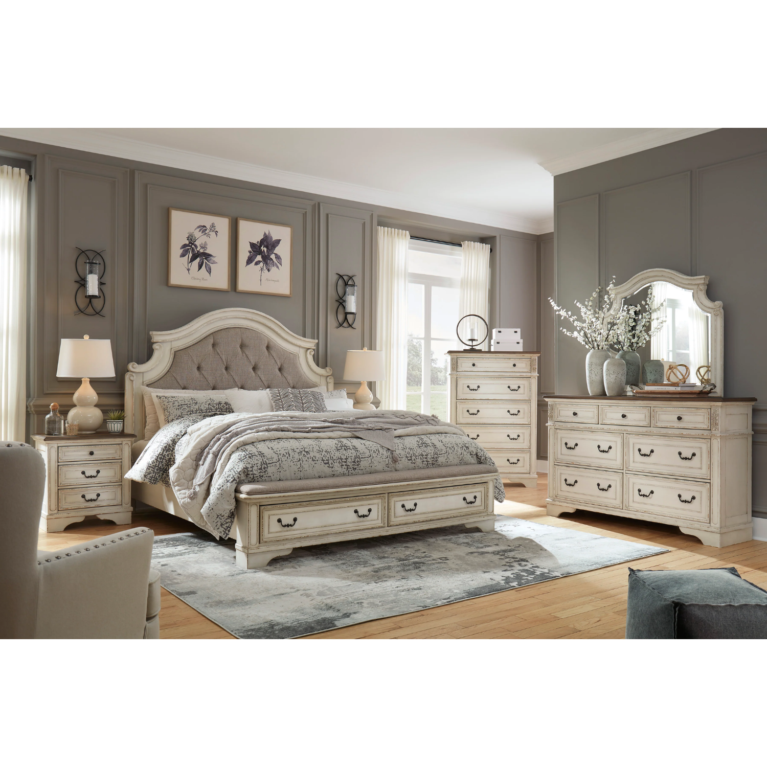 Realyn Chipped White Footboard Storage Platform Bedroom Set