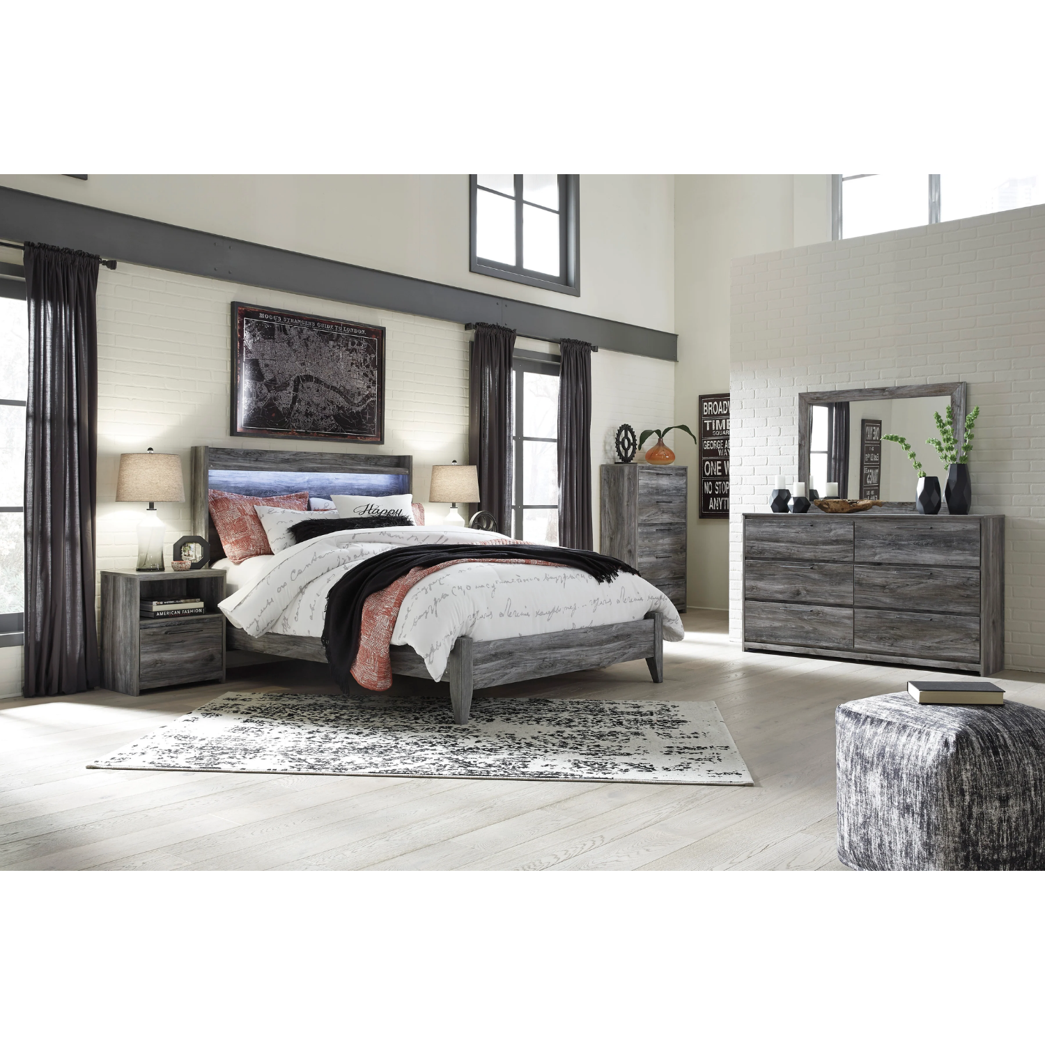 Baystorm Gray LED Panel Bedroom Set