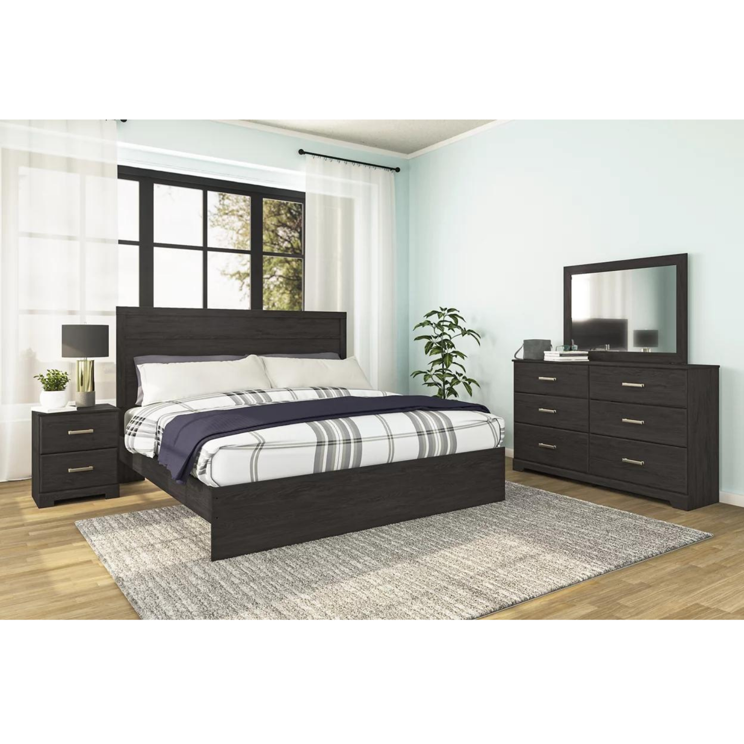 Belachime Full Panel Bed with Mirrored Dresser and Nightstand