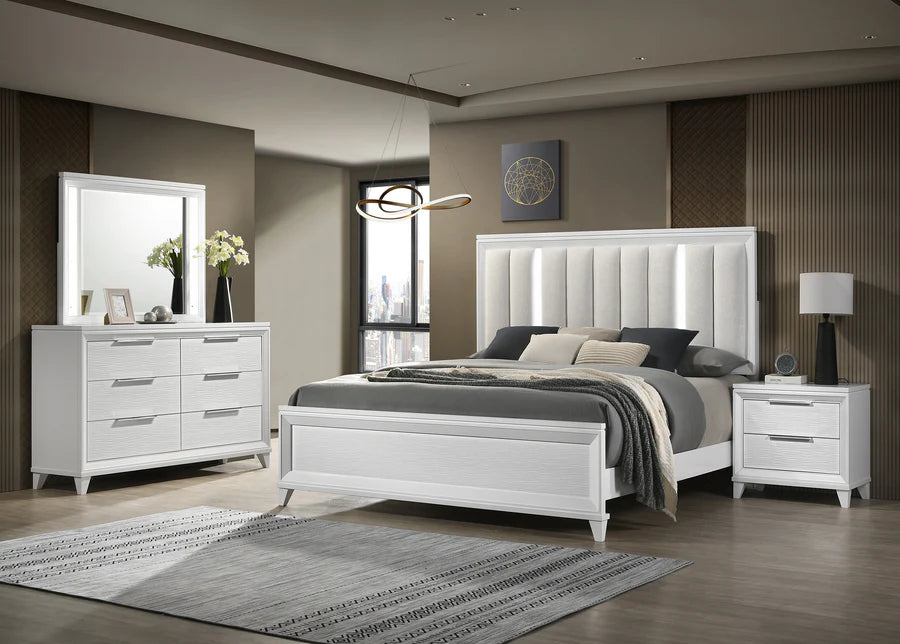 Cressida White Upholstered LED Panel Bedroom Set - Queen