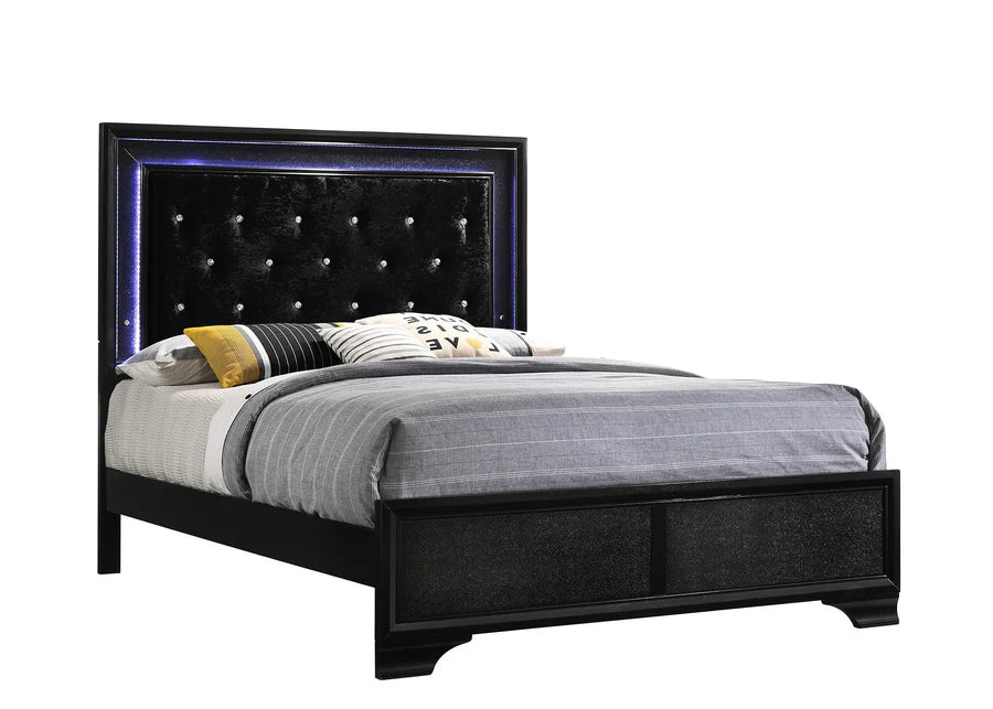 Micah Black King LED Upholstered Panel Bed