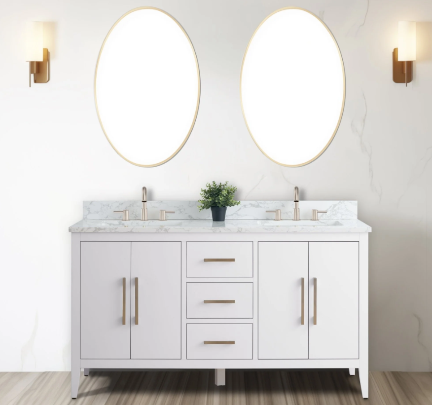 60” Double Sink Bathroom Vanity Cabinet with Engineered Marble Top