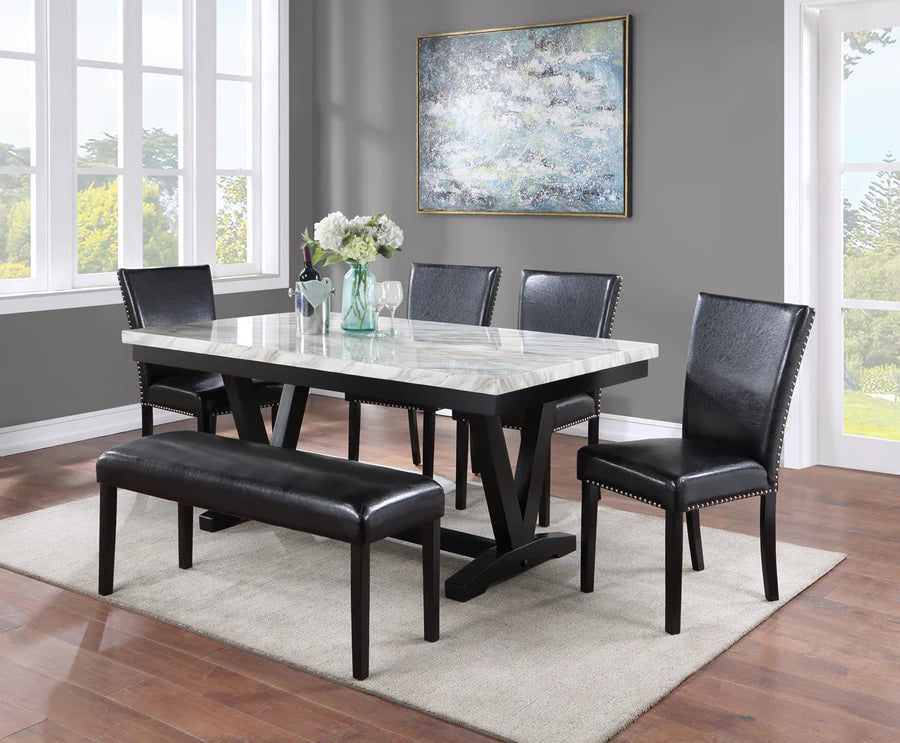 Juego de comedor de imitación mármol blanco/negro Tanner