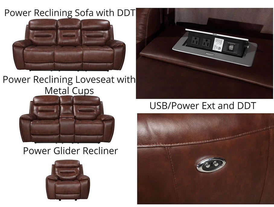 Rosewood Leather/power reclining set 3 pcs