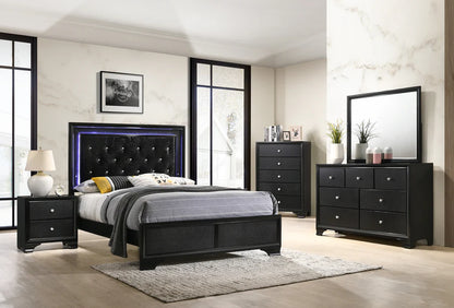 Micah Black King LED Upholstered Panel Bed