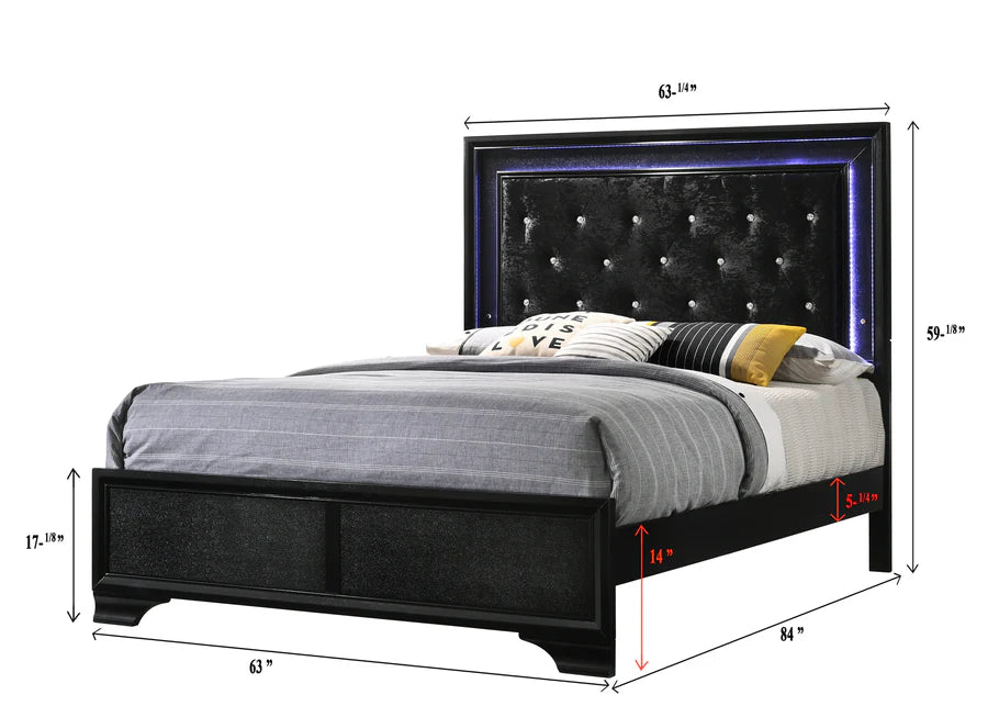 Micah Black King LED Upholstered Panel Bed