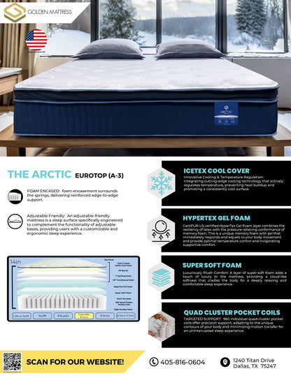 Arctic Luxury EuroTop Mattress A3 – 14&quot; Cooling, Gel Foam w/ 10-year warranty