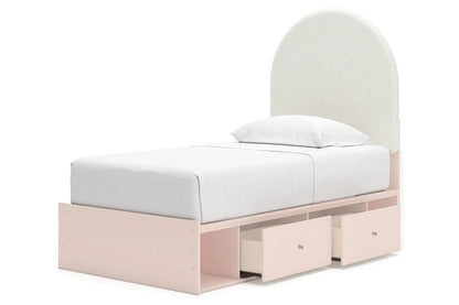 Juego de dormitorio juvenil con plataforma de almacenamiento tapizada en color rubor Wistenpine con 2 cajones