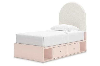 Juego de dormitorio juvenil con plataforma de almacenamiento tapizada en color rubor Wistenpine con 2 cajones
