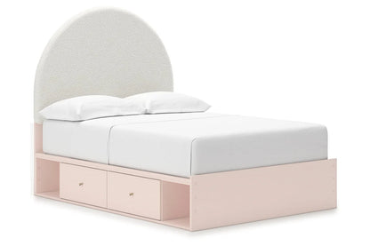 Juego de dormitorio juvenil con plataforma de almacenamiento tapizada en color rubor Wistenpine con 2 cajones