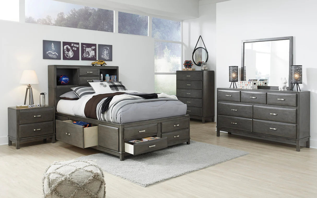Juego de dormitorio juvenil con plataforma y librería Caitbrook en gris