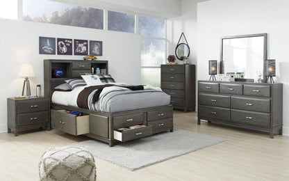 Juego de dormitorio juvenil con plataforma y librería Caitbrook en gris