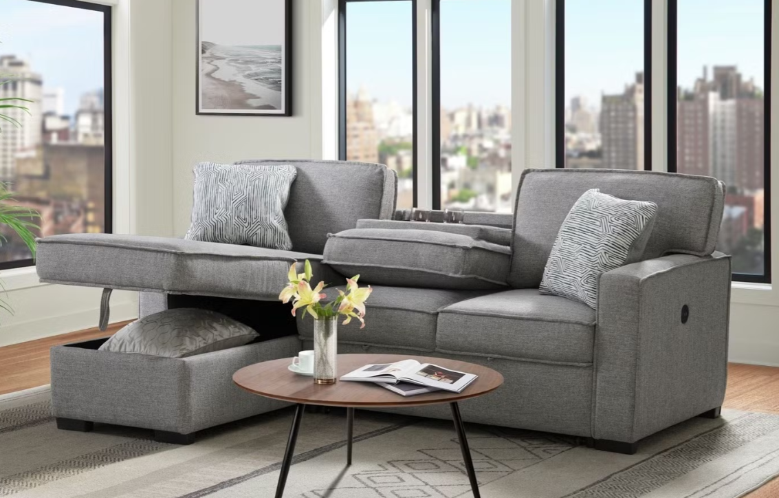 Caracas sectional With Pull Bed Drop table and USB in palmer steel