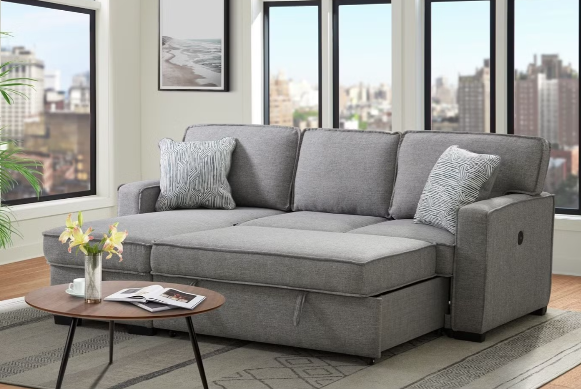 Caracas sectional With Pull Bed Drop table and USB in palmer steel