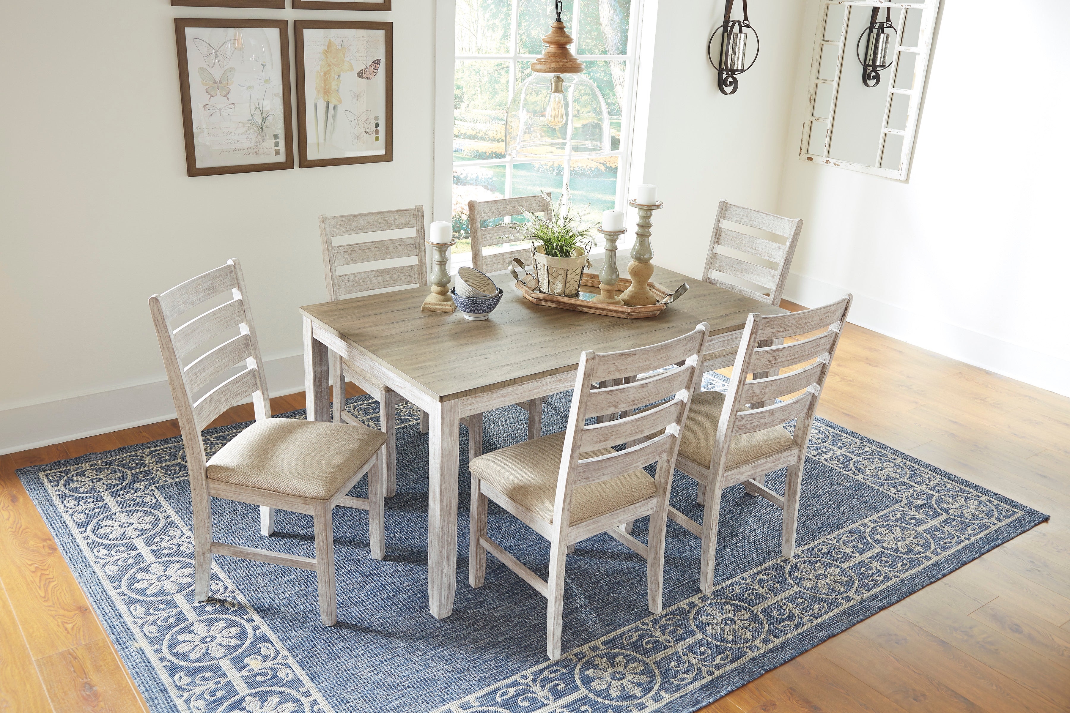 Skempton White/Light Brown Dining Table and Chairs, Set of 7