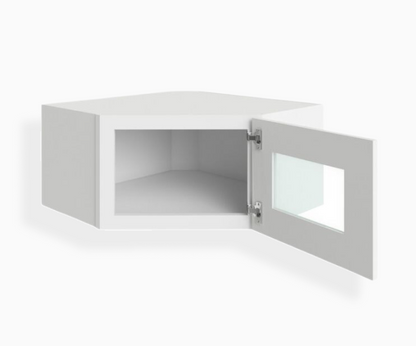 White Shaker 12″ x 27″ &amp; 24&quot; Diagonal Corner Wall Shelf with Glass Door