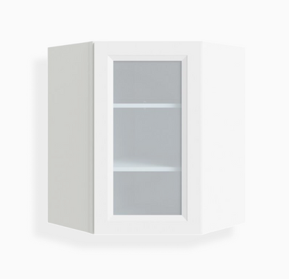White Shaker 24″ Diagonal Corner Wall Shelf with Glass Door