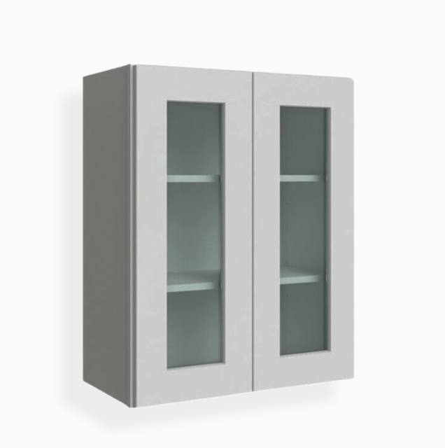 Gabinete de pared gris Shaker de 30″ de alto con puerta doble y puerta de vidrio