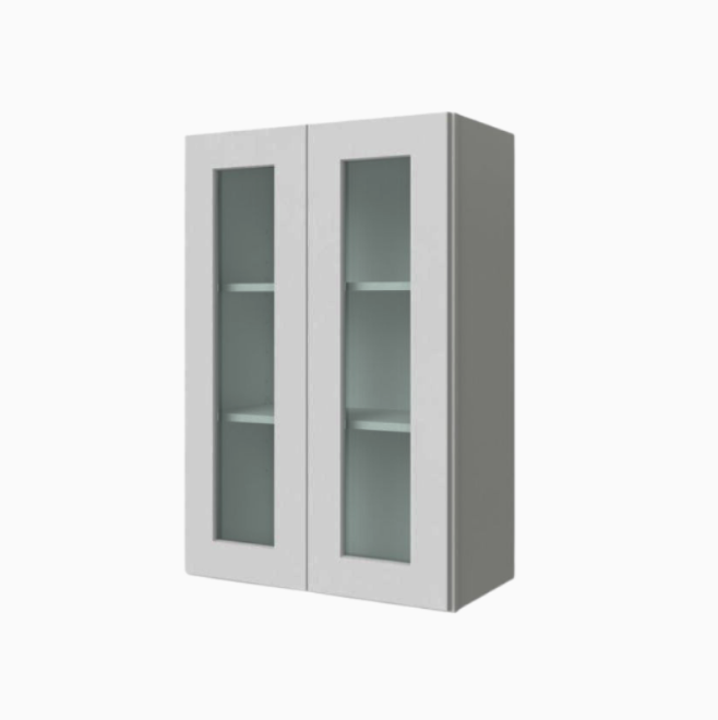 Gabinete de pared gris Shaker de 36″ de alto con puertas dobles y puertas de vidrio