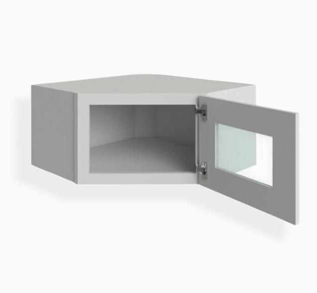 Gray Shaker Diagonal Corner Wall Shelf 12×24 with Glass Door