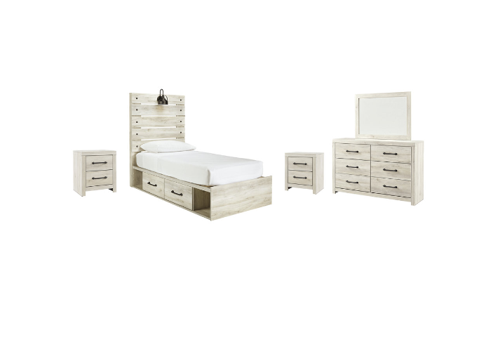 Cambeck Twin Panel Bed with 2 Storage Drawers with Mirrored Dresser and 2 Nightstands