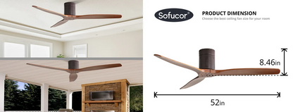 52″ Flush Mount Ceiling Fan Without Light Walnut Wood Blades Design