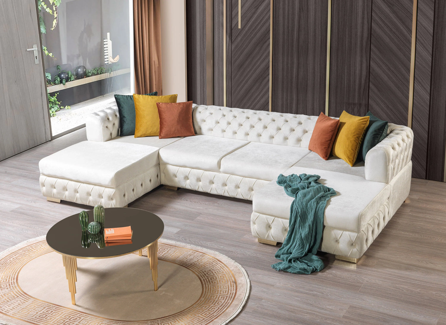 Matilda Tufted Ivory Velvet Double Chaise Sectional Sofa