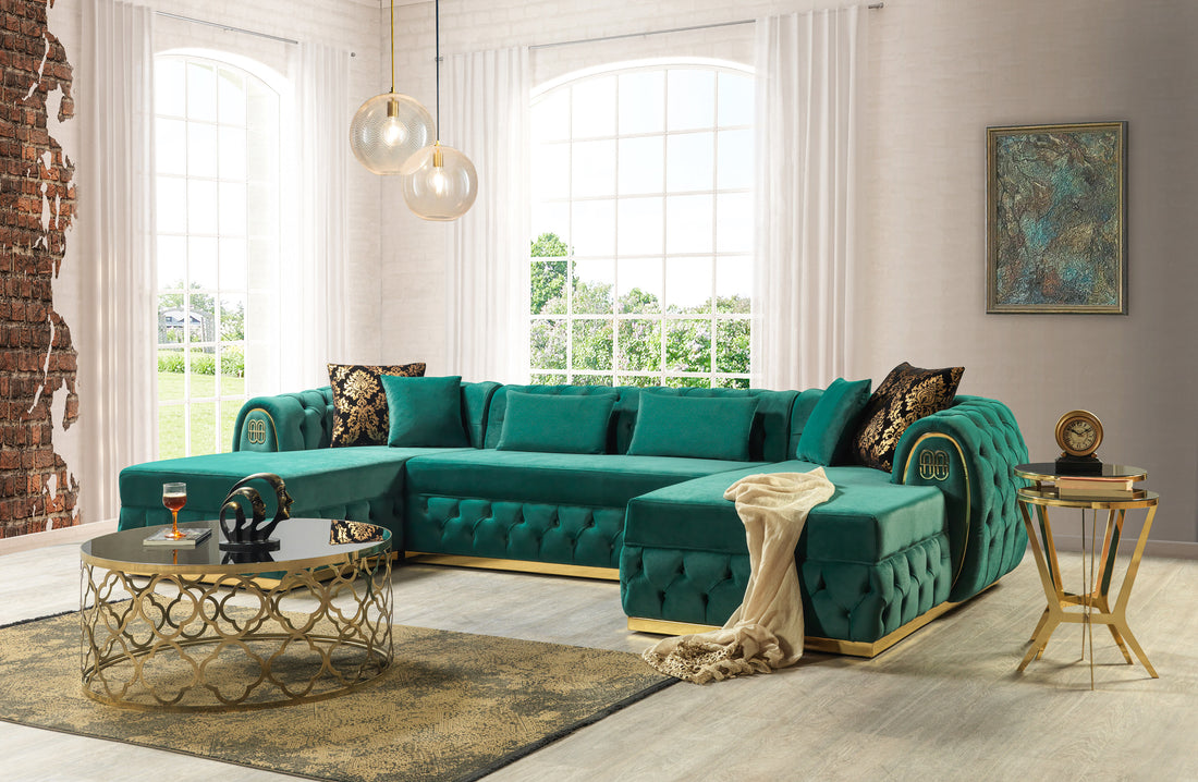 Chaise longue doble seccional de terciopelo verde Jess