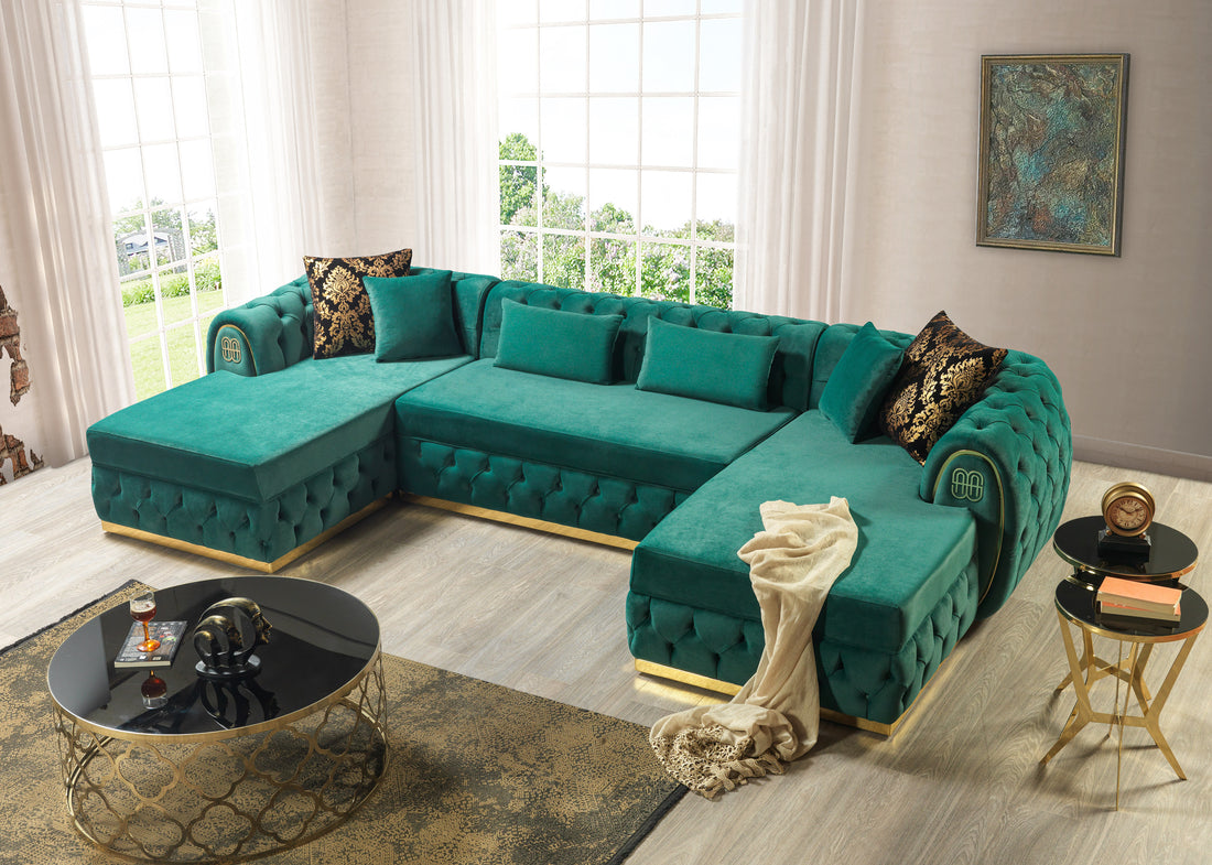 Chaise longue doble seccional de terciopelo verde Jess