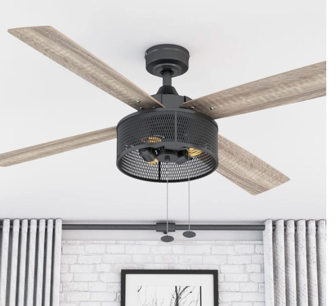 Mandino, Ventilador de techo LED de estilo industrial de 52 pulgadas con luz, cadena de tracción, dos opciones de montaje, 4 aspas de doble acabado, motor reversible (negro mate)