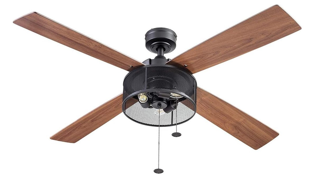 Mandino, Ventilador de techo LED de estilo industrial de 52 pulgadas con luz, cadena de tracción, dos opciones de montaje, 4 aspas de doble acabado, motor reversible (negro mate)