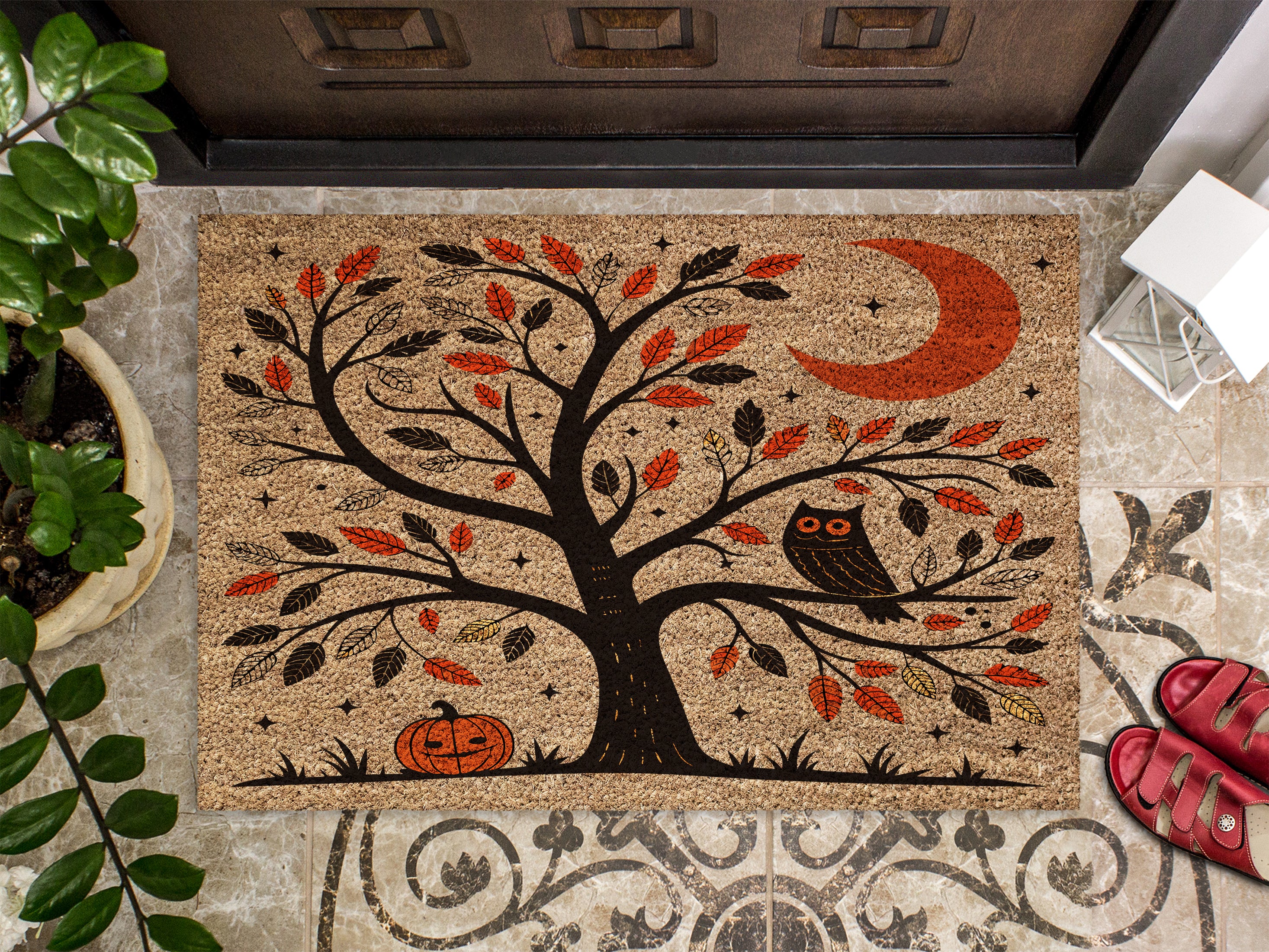 Scandinavian Folk Art Owl Tree Doormat